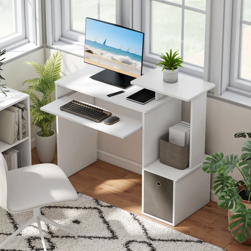 HOMCOM Bureau Informatique multimédia étagères Tablette Clavier Panier Gris Panneaux Particules Blanc