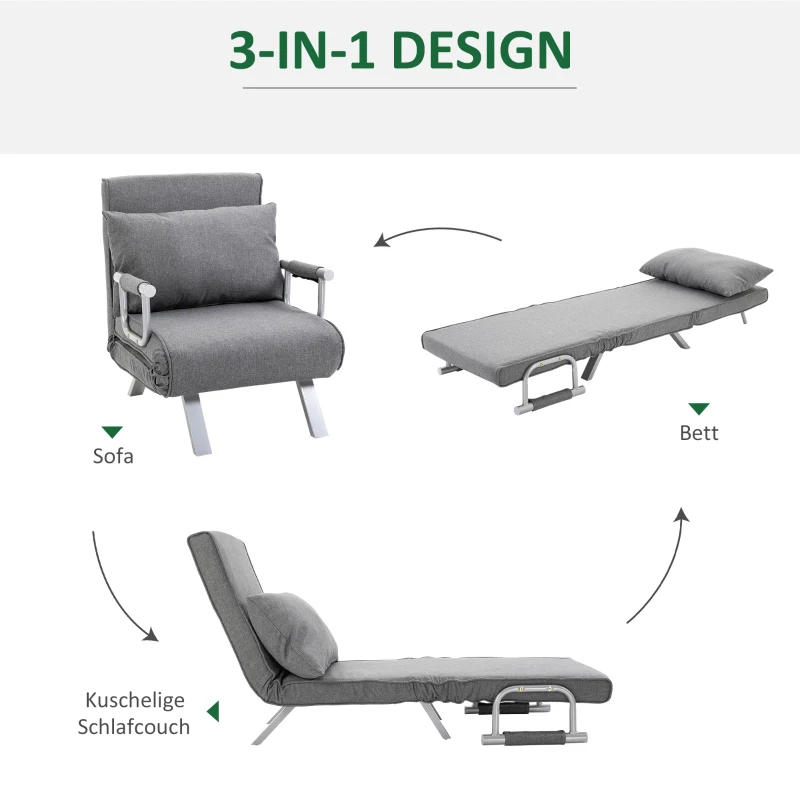 HOMCOM Relaxsessel Liegesessel Sessel, Liegefunktion, Gästebett, 65 cm x 69 cm x 80 cm, Grau(m-5)