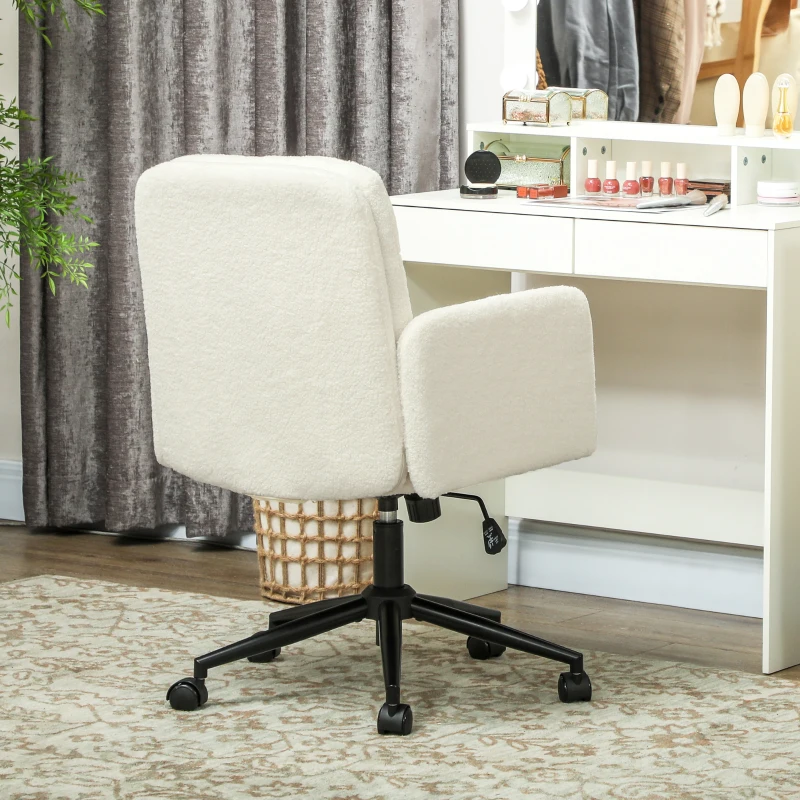 HOMCOM Draaibare Bureaustoel met Stoffen Bekleding, Armleuningen, 5 Wielen, Creme wit(m-8)