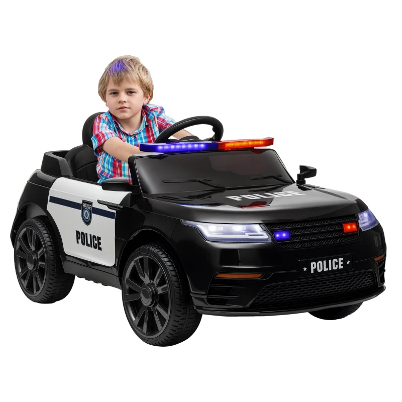AIYAPLAY Coche Eléctrico Infantil de Policía con Batería 12V Mando a Distancia Faros Bocina Sirena Música Negro