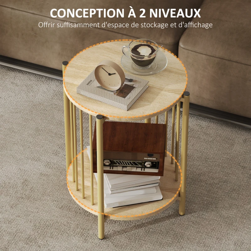 HOMCOM Table d'appoint, bout de canapé à 2 niveaux avec étagère de rangement et cadre en acier, Ø 41 x 49 cm effet bois naturel