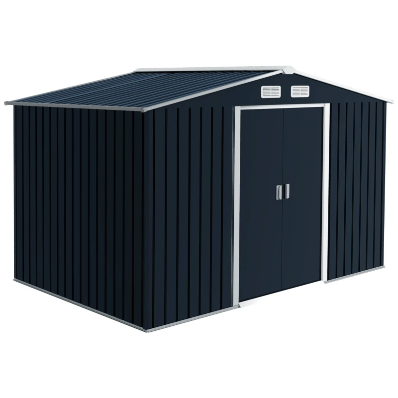 Outsunny 9 x 6FT Metal Shed Roofed Garden Shed Outdoor Storage Shed with Foundation Ventilation & Doors, Dark Grey