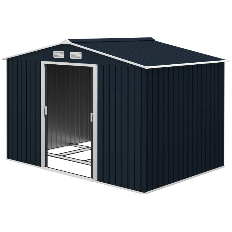 Outsunny 9 x 6FT Metal Shed Roofed Garden Shed Outdoor Storage Shed with Foundation Ventilation & Doors, Dark Grey(m-11)