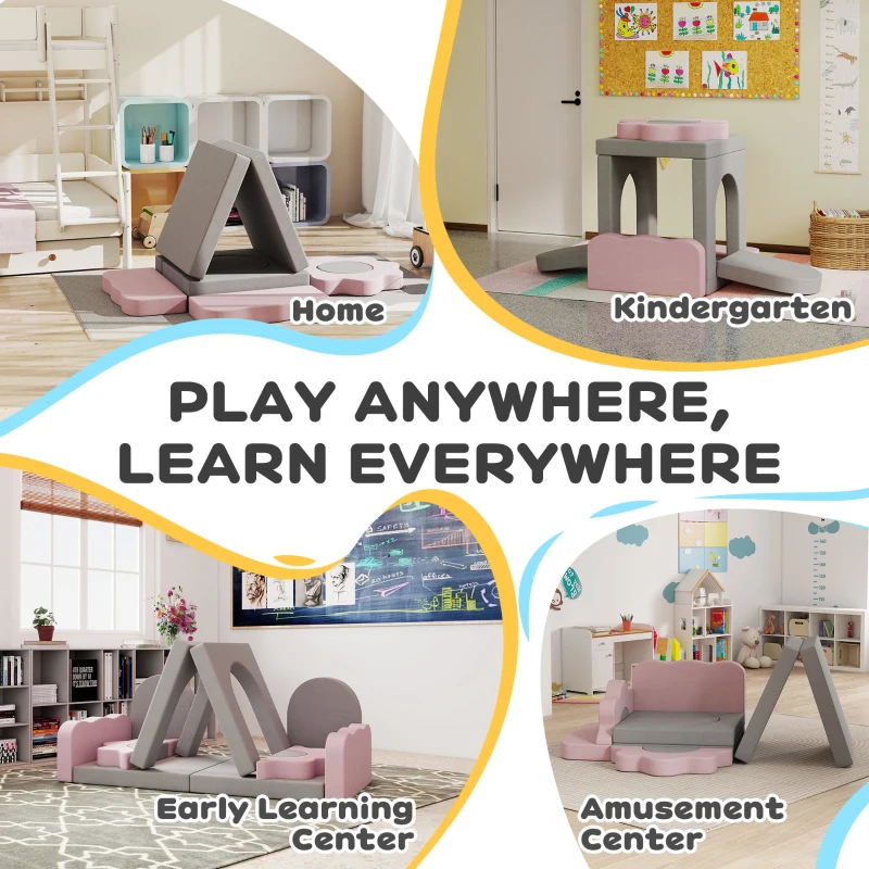 AIYAPLAY Ensemble de 12 blocs de mousse pour grimper, construire, ramper, tapis de jeu intérieur avec housse en cordon, Gris+Rose