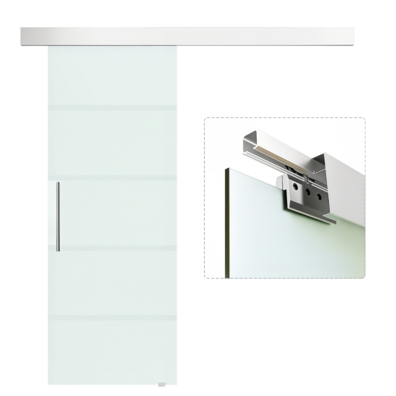 HOMCOM Puerta Corredera de Cristal Satinado 75x210 cm Puerta Corrediza con Riel Tirador y Cristal de Seguridad Translúcido