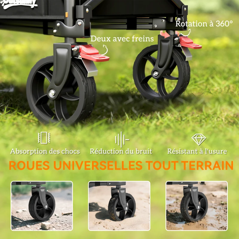 Outsunny Chariot de jardin pliable 150 L, chariot de transport de plage poignée réglable poches latérales 85 x 50 x 90 cm noir
