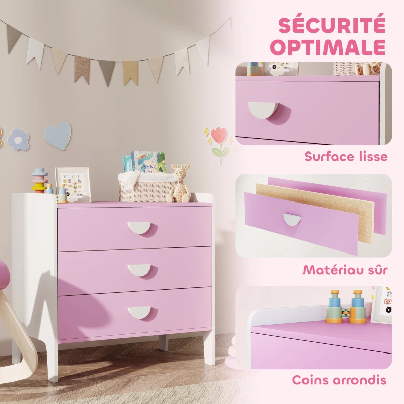AIYAPLAY Commode pour enfants, commode rangement 3 tiroirs pour chambre d'enfant, crèche, salle de jeux, 60 x 40 x 60 cm, rose