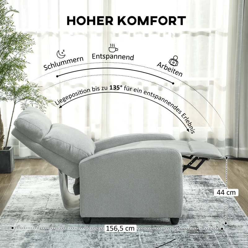 HOMCOM Relaxsessel, verstellbar 135°, ausziehbare Fußstütze, gepolsterte Lehnen, Leinen-Polyester, Hellgrau