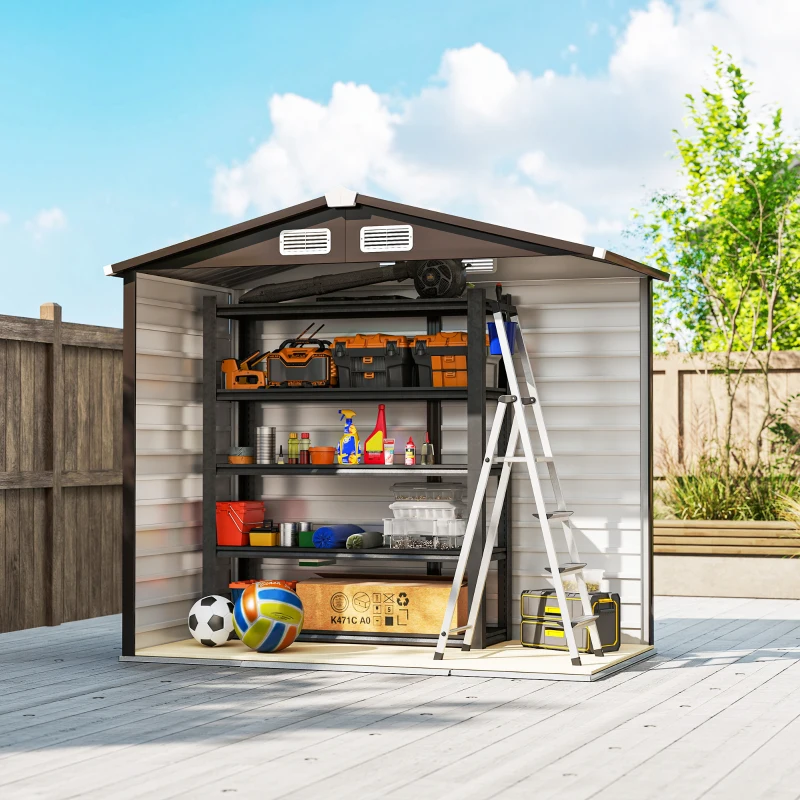 Outsunny Abrigo de Jardim Exterior 2,36m² 213x120x194 cm com Base Reforçada (Piso NÃO Incluído) e Portas de Correr Madeira e Marrom