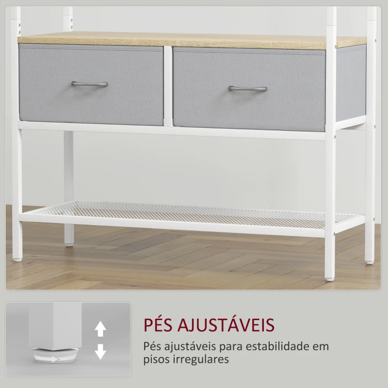 HOMCOM Móvel Cabide de Entrada com Banco Sapateira 8 Ganchos 2 Gavetas de Tecido Barra Prateleira 80x30x180,5 cm Branco e Madeira