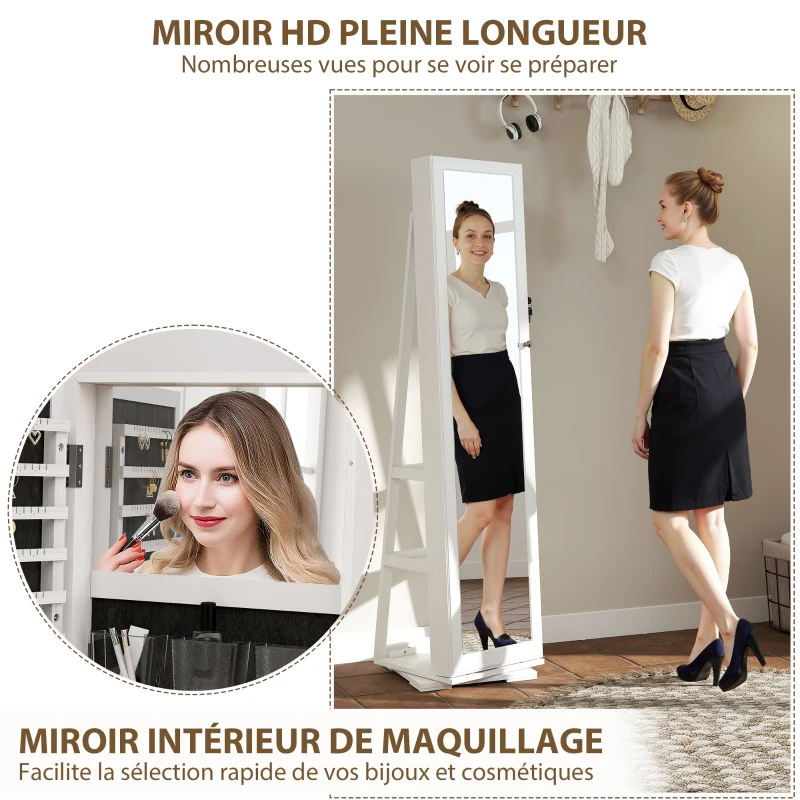 HOMCOM Armoire à Bijoux pivotante verrouillable boîte à bijoux avec Miroir - Armoire Bijoux Multi-Rangement - en Bois Blanc