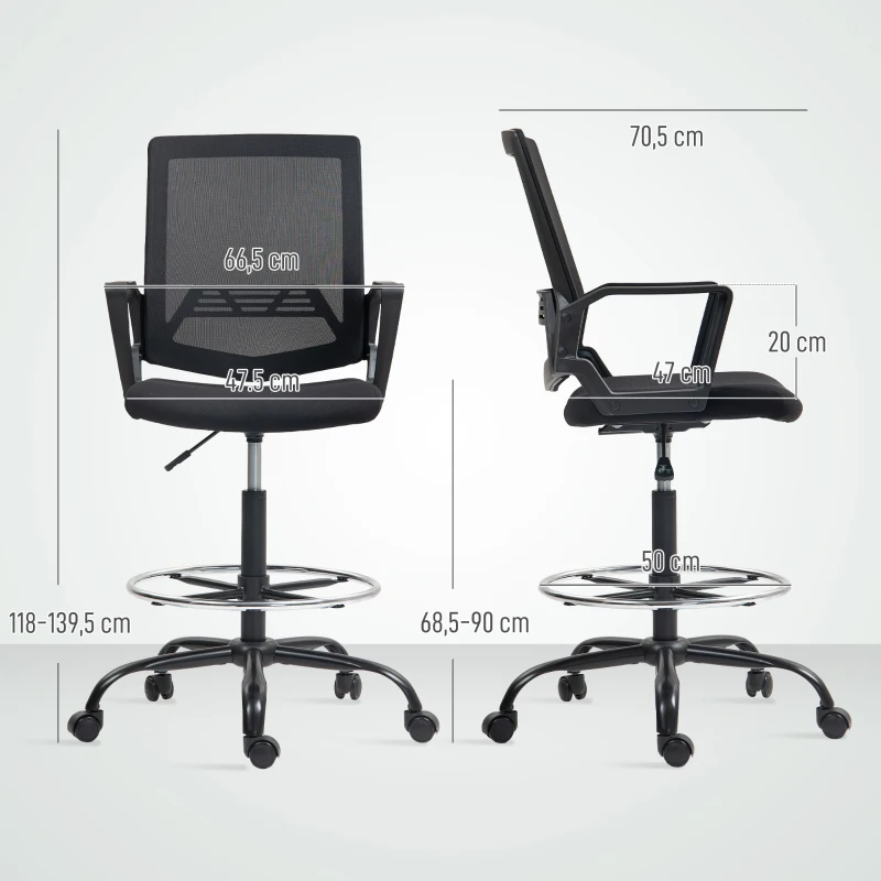 HOMCOM Fauteuil de bureau, chaise bureau ergonomique avec hauteur et repose-pieds réglables, 66,5 x 70,5 x 118-139,5 cm, noir