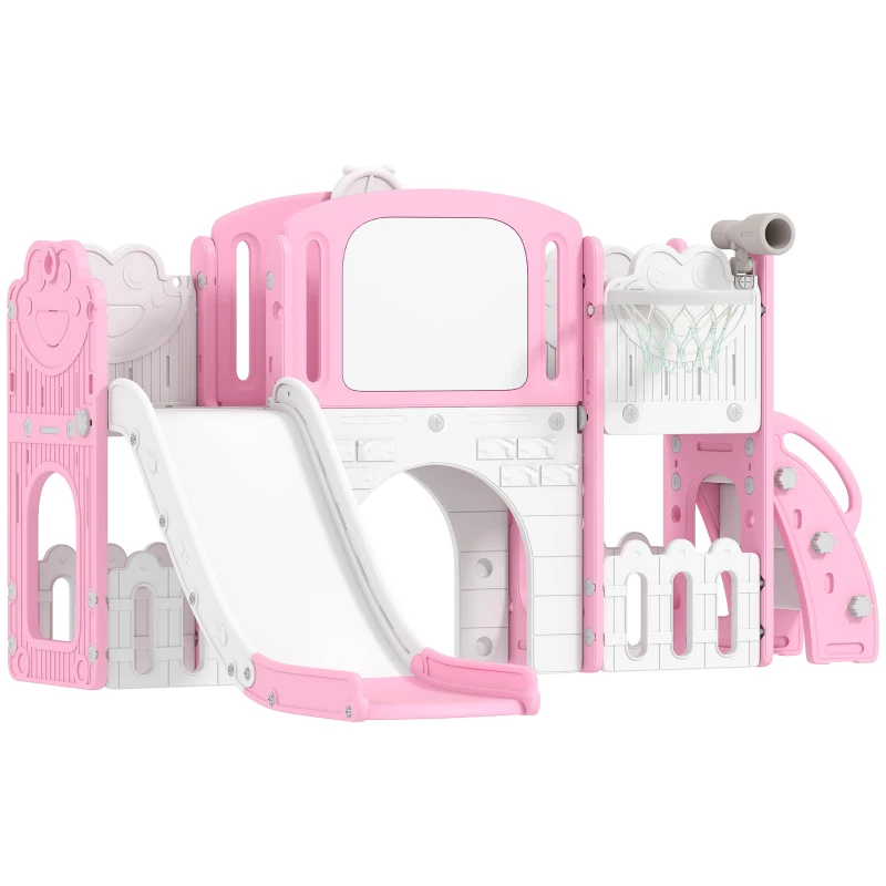 AIYAPLAY 7 in 1 Toddler Slide Set with Basketball Hoop, Climbing Frame, Telescope, Drawing Board, Storage Box, Pink