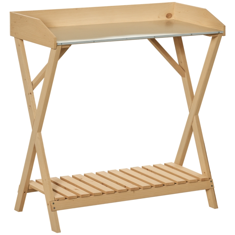 Outsunny Tavolo da Giardinaggio in Legno con Piano in Metallo Antiruggine e Ripiano Portaoggetti, 80x40x84cm
