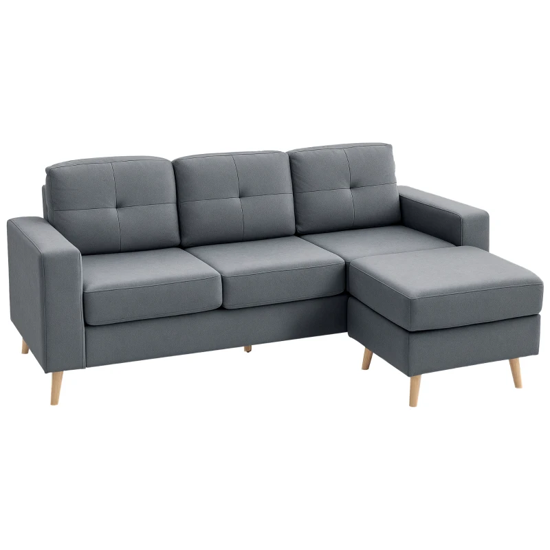 HOMCOM 3 Seater Sofa with Footstool, Fabric L-Shaped Sofa, Sectional Couch with Wood Legs, Tufting Cushioned Back for Small Space, Living Room, Office, Dark Grey