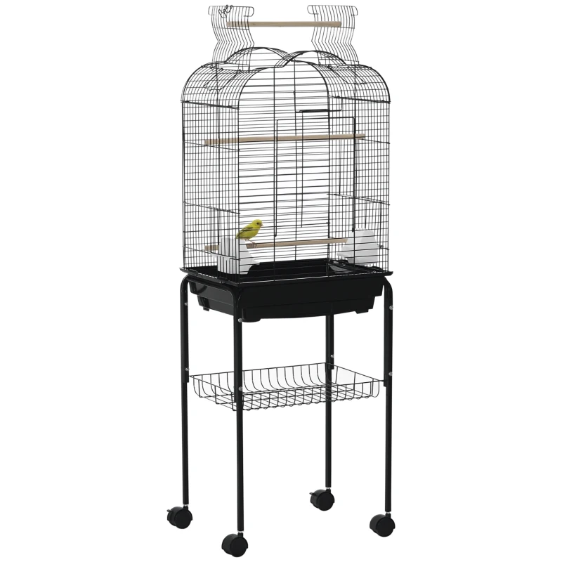 PawHut Jaula para Pájaros con Soporte Jaula de Aves Canarios con 4 Ruedas Techo Abrible 2 Comederos 3 Perchas Bandeja Extraíble y Estante Inferior 46x36x130 cm Negro