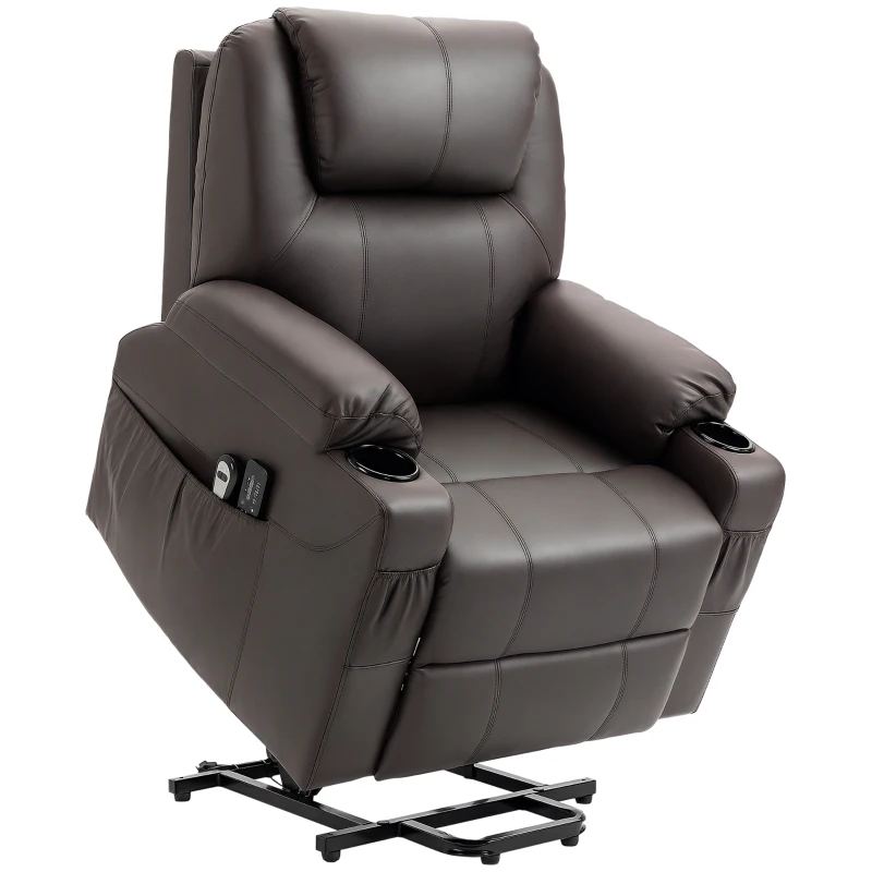 HOMCOM Poltrona Alzapersona Reclinabile fino a 135° con Portabicchieri, Telecomando e Poggiapiedi 88x92x106 cm, Marrone