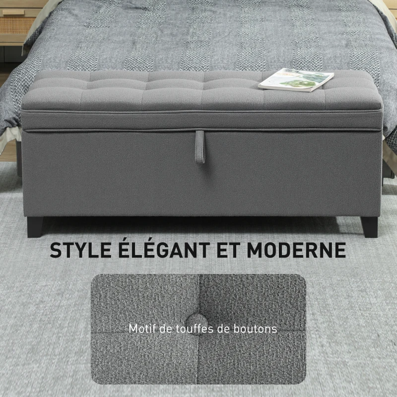 HOMCOM Banc de rangement 112L banquette bout de lit en tissu de lin, siège capitonné, 120 x 40 x 48 cm, gris foncé
