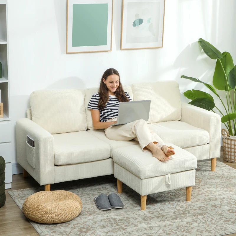 HOMCOM 3-Sitzer-Sofa mit Hocker, Rippenvelours-Sofa, gepolsterte Sitzfläche und Rückenlehne, 192x138x85cm, Beige