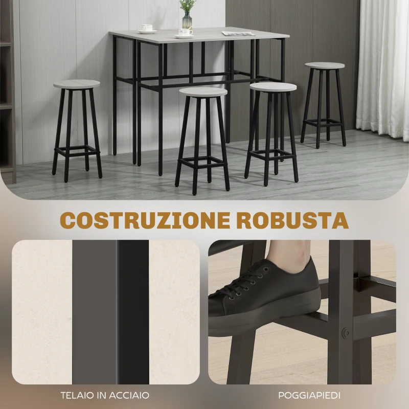 HOMCOM Set da Bar 6 Pezzi con 4 Sgabelli da Bar e 2 Tavoli Alti in Legno Truciolato e Acciaio per Cucina e Soggiorno, Grigio