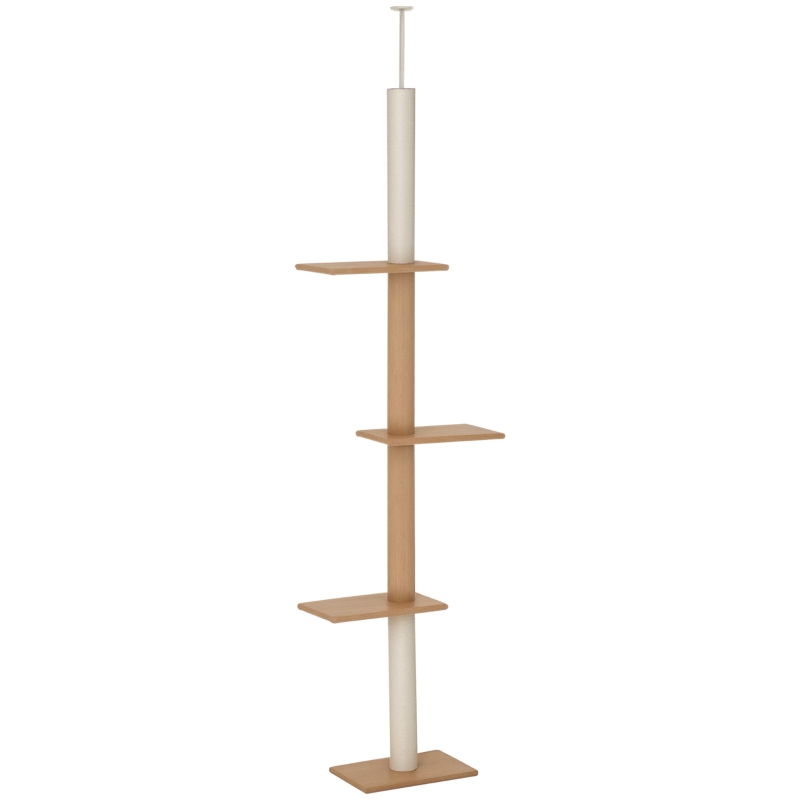 PawHut Árbol Rascador para Gatos de Suelo a Techo Torre para Gatos con Altura Ajustable 43x27x228-260 cm Marrón Claro y Beige