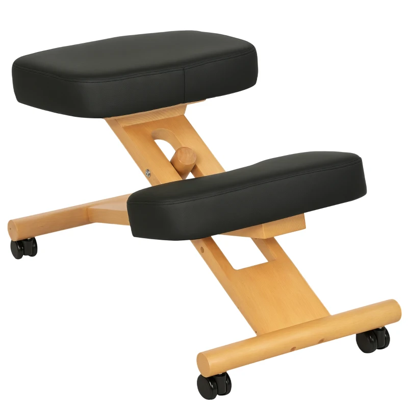 HOMCOM Scaun Ergonomic pentru Genunchi cu Înălțime Reglabilă din Lemn cu Rotile, 42x70x42-52 cm, Negru