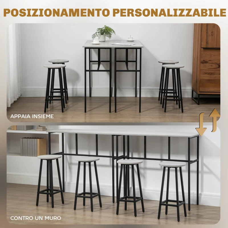 HOMCOM Set da Bar 6 Pezzi con 4 Sgabelli da Bar e 2 Tavoli Alti in Legno Truciolato e Acciaio per Cucina e Soggiorno, Grigio
