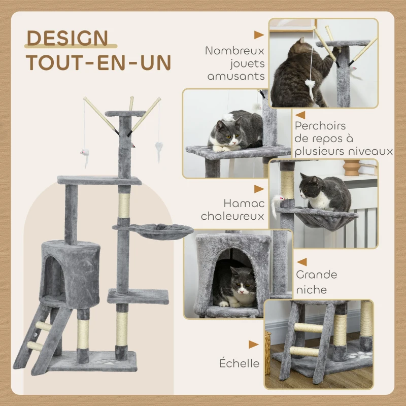PawHut Arbre à chat tour de jeux pour chats avec griffoirs, plates-formes, échelle, hamac, 50 x 35 x 134,2 cm gris foncé