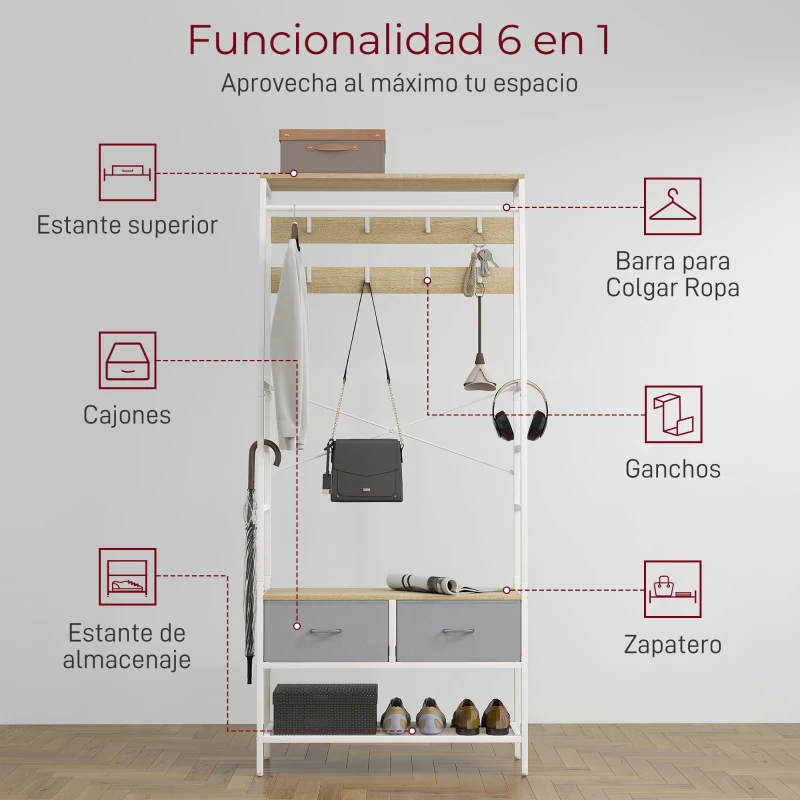 HOMCOM Perchero Zapatero con Zapatero Ganchos Cajones Barra y Eatante para Entrada Pasillo Salón 80x30x180,5 cm Natural