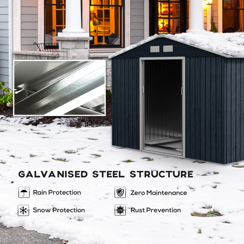 Outsunny 9 x 6FT Metal Shed Roofed Garden Shed Outdoor Storage Shed with Foundation Ventilation & Doors, Dark Grey(m-4)