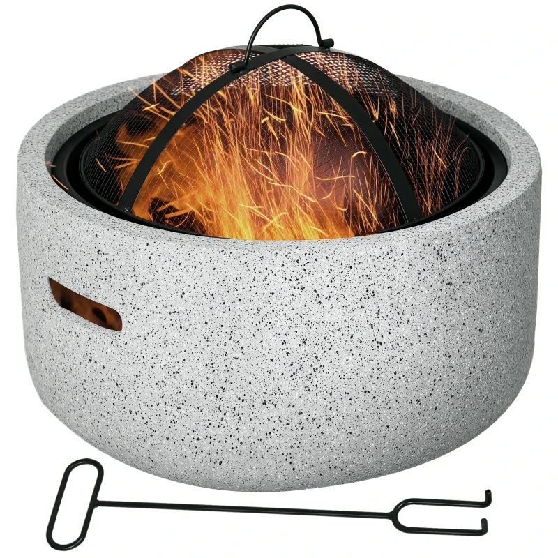 Outsunny Brasero cheminée foyer extérieur rond à bois en métal tisonnier pare-étincelle grille et poignée diamètre 45 cm gris