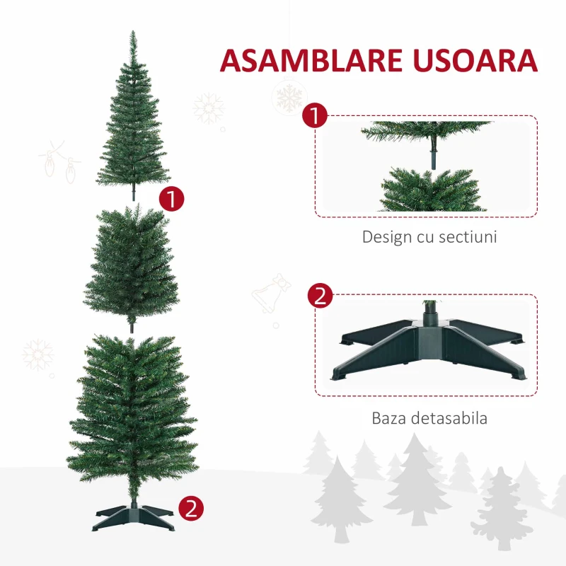 HOMCOM Brad Artificial de Crăciun cu Crengi Realiste, Brad Înalt și Îngust cu Bază din Plastic, Ø46x150 cm, Verde