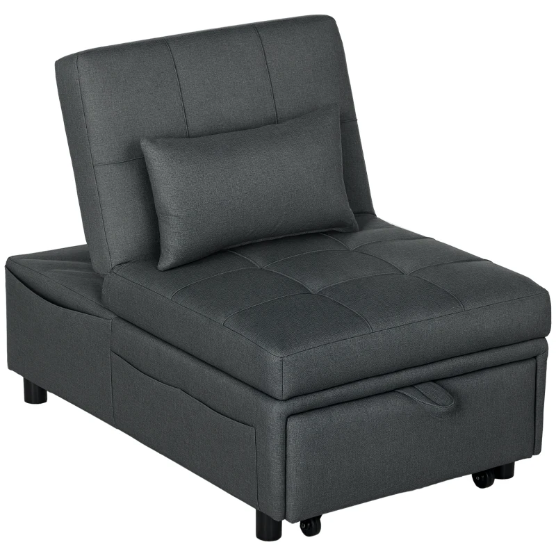HOMCOM Poltrona Letto Singolo 3 in 1 Reclinabile a 3 Livelli con Cuscino, in Tessuto Effetto Lino, 65.5x104x81 cm, Grigio