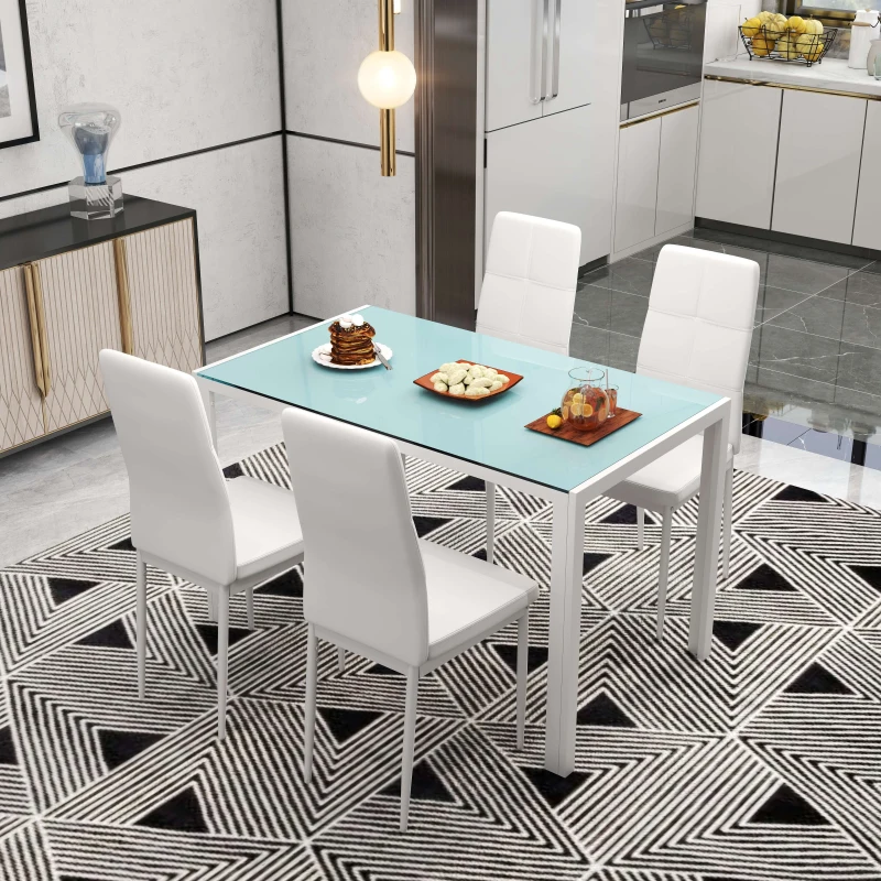 Homcom Set Dining Alb Modern – Masa + 4 Scaune Tapitate pentru 4 Persoane