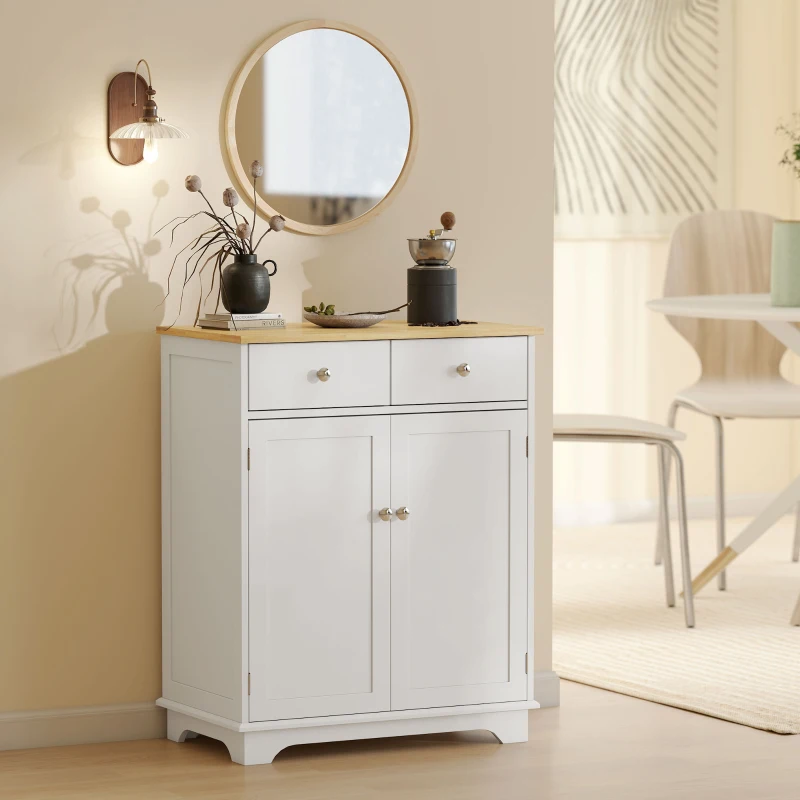HOMCOM Credenza Bassa con Armadietto 2 Ante, Ripiani Regolabili e 2 Cassetti, Bianco e Legno