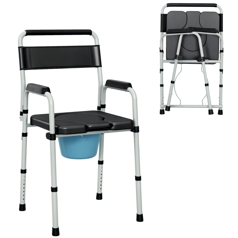 HOMCOM Sedia WC Pieghevole e Regolabile con Braccioli e Schienale, in Acciaio e Pelle PU, 52.5x46x81.5-97 cm, Nero