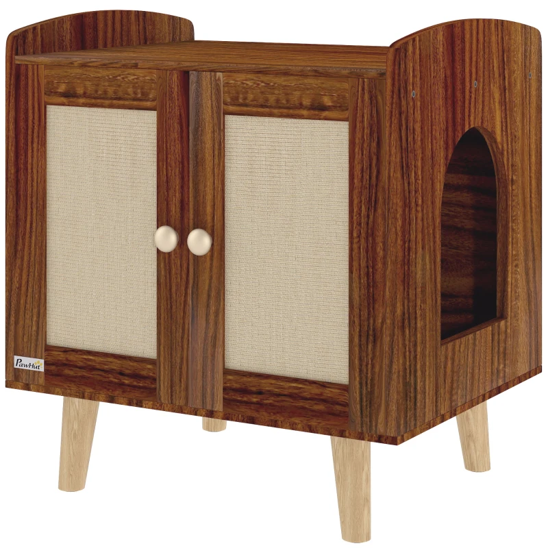 PawHut Mueble Arenero para Gatos Mesa Auxiliar con Puertas con Esteras de Sisal para Salón Dormitorio 55x43x59,6 cm Marrón