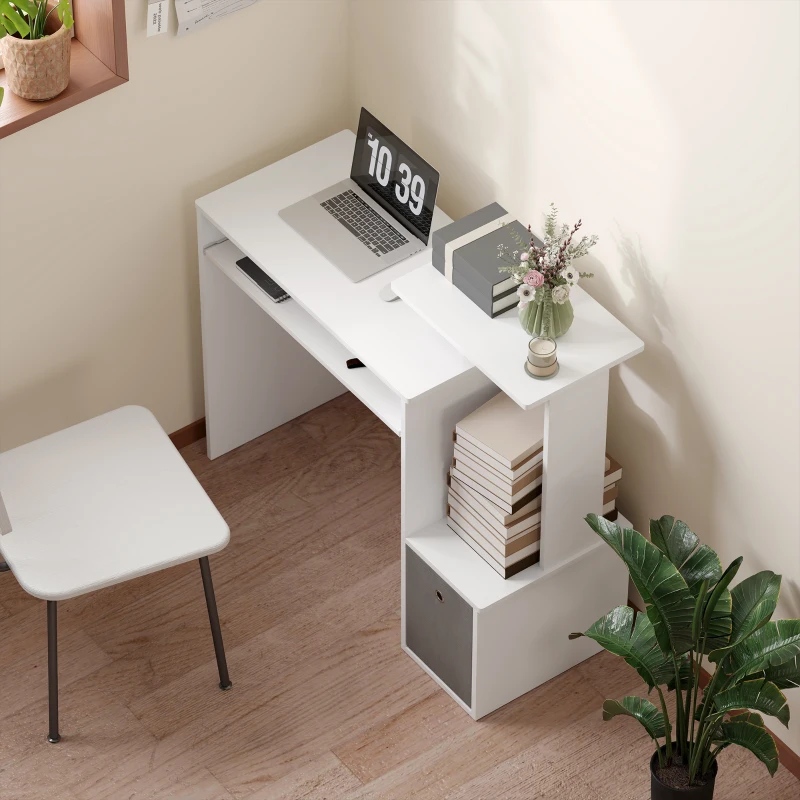 HOMCOM Scrivania Moderna per PC con Mensola Porta Tastiera, Ripiano e Cassetto in Tessuto, in Legno, 100x40x86.6cm, Bianco