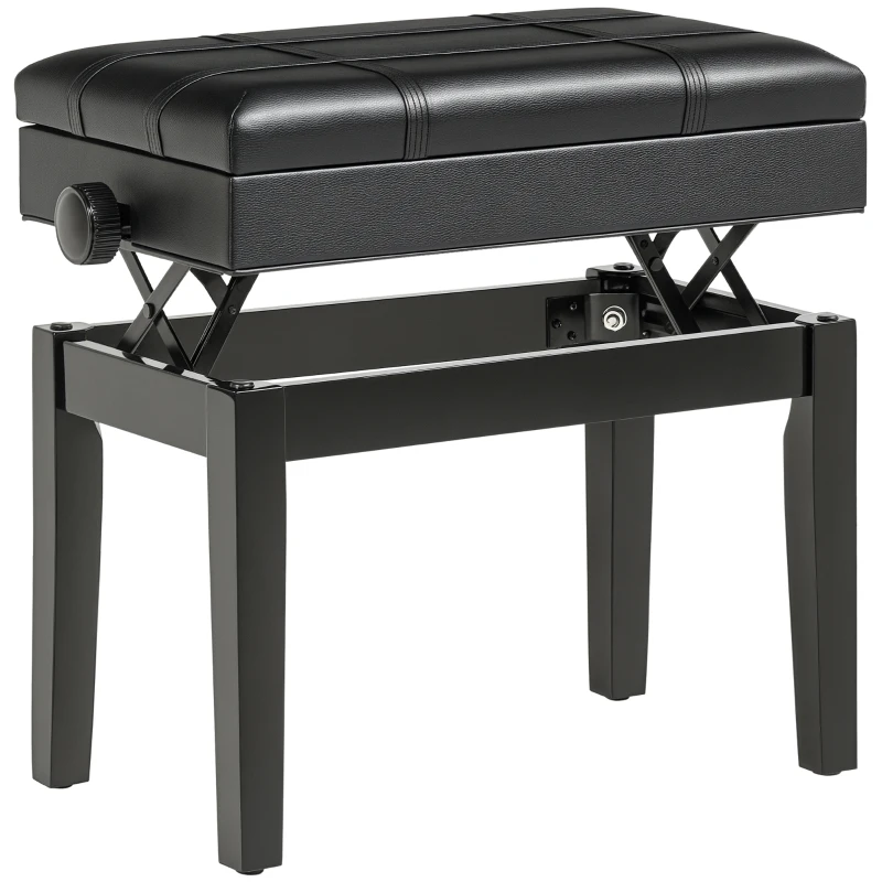 HOMCOM Banquette tabouret siège pour piano coffre intégré hauteur réglable bois hévéa assise revêtement synthétique noir