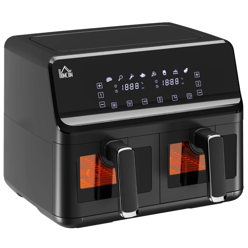 HOMCOM Freidora sin Aceite Doble 8L 2500W 8 Programas Pantalla LED Táctil Temperatura Ajustable 80-200℃ 38,5x38x30,5 cm Negro