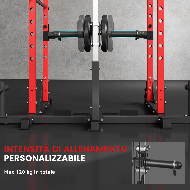 SPORTNOW Stazione Fitness con Supporto per Bilanciere e Barra per Trazioni e Dip, in Acciaio, 191x153x205 cm, Rosso e Nero