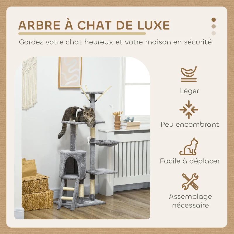 PawHut Arbre à chat tour de jeux pour chats avec griffoirs, plates-formes, échelle, hamac, 50 x 35 x 134,2 cm gris foncé