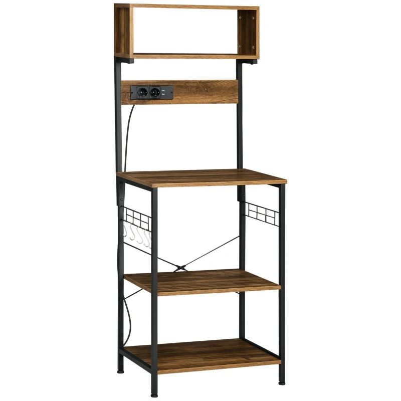 HOMCOM Raft de Bucatarie cu Prize Mutiple, Dulap pentru Microunde cu Rafturi și Mânere din Sârmă Stil Industrial, 90x42x130 cm, Maro