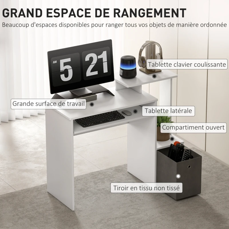 HOMCOM Bureau Informatique multimédia étagères Tablette Clavier Panier Gris Panneaux Particules Blanc