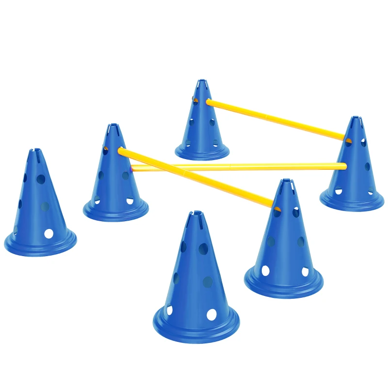 PawHut Dog Agility Equipment Set of Six Cones, Six Poles with Carry Bag, Three-Piece Adjustable Height Jumping Obstacles, Blue