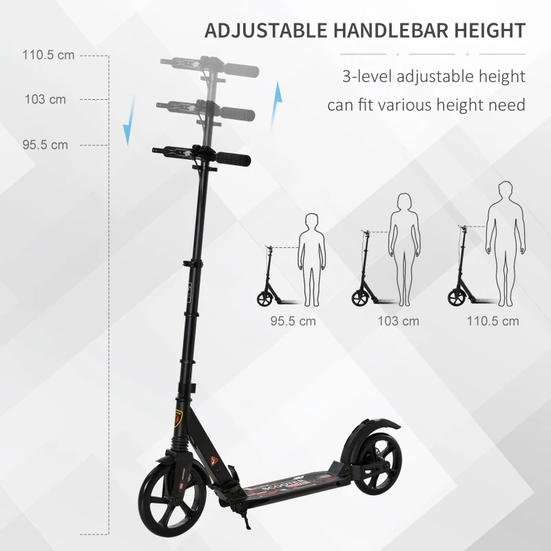 HOMCOM Teen/Adults Aluminium Folding Kick Scooter w/ Adjustable Handlebar Black