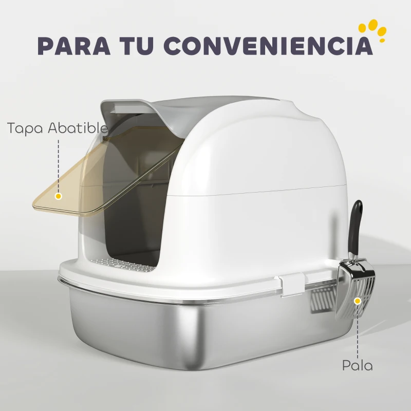 PawHut Arenero para Gatos de Acero Inoxidable XL con Tapa Abatible Laterales Altos Entrada Superior Pala Blanco