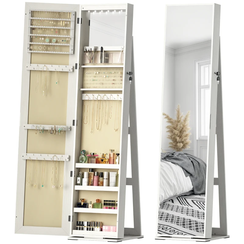 HOMCOM Joalheiro de Pé Armário para Joias com 6 Luzes LED Fechadura Prateleiras Suportes para Anéis 38x38x157 cm Branco e Bege