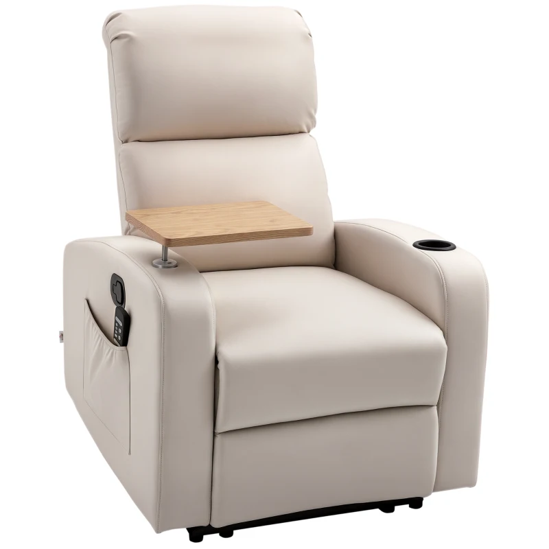 HOMCOM Poltrona de Massagem Poltrona Relax Elétrica com 4 Modos de Vibração Reclinação 145° Estofada em Microfibra Controlo Remoto Mesa 2 Bolsos Laterais e Suporte para Copos 77x93x105cm Bege
