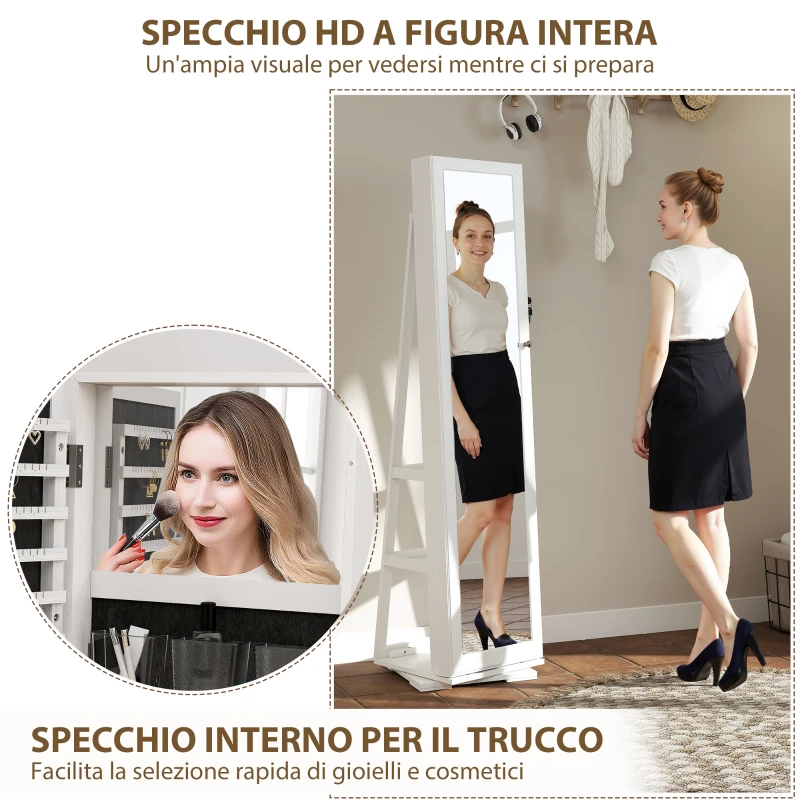 HOMCOM Specchio Portagioie Girevole per Camera da Letto con 2 Chiavi, in Legno Bianco e Vetro, 38x38x160 cm
